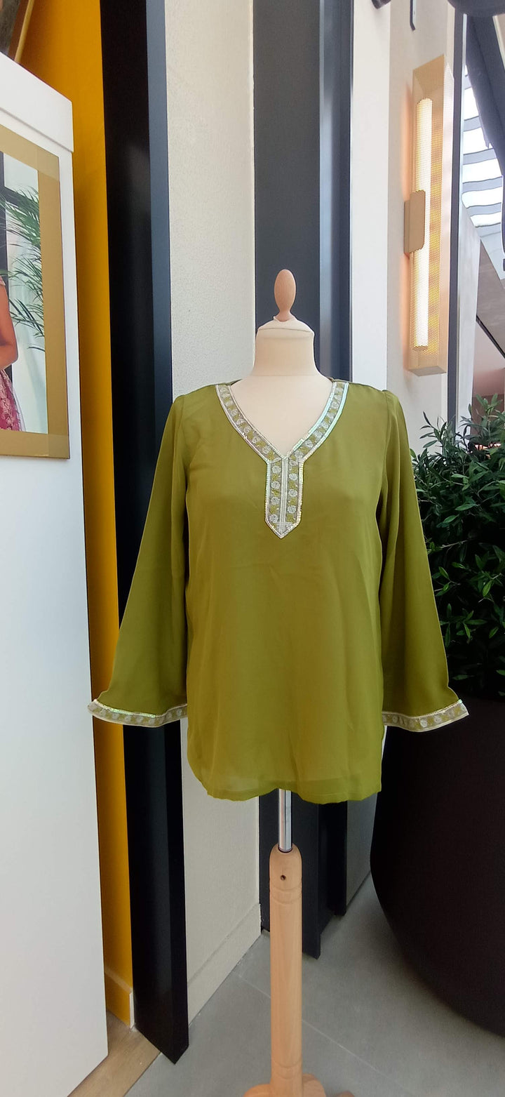 Trisha Lime Green Designer Blouse with White Floral Embroidery