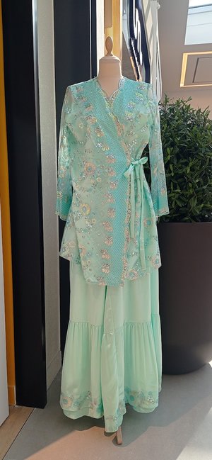 Saisha Sequins Aqua Blue Satin Angarkha Wrap-Around Suit with Scallop Wave Details