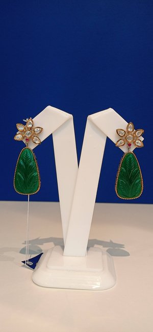 Inara Forest Green Leaf and Flower Kundan Earrings