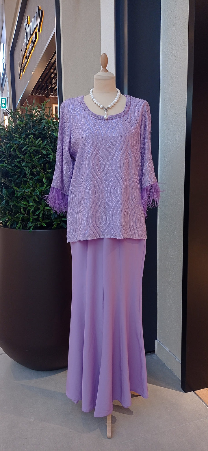 Saisha Lavender Purple Sequins and Feather Blouse and Pants Co-Ord Set
