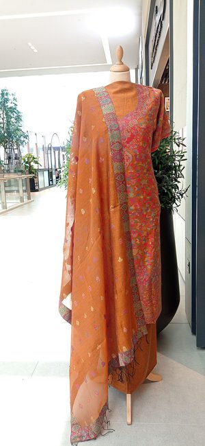 Gitasha Rust Orange and Pink Floral Kashmiri Kaani Cotton Silk Suit Set (Unstitched)