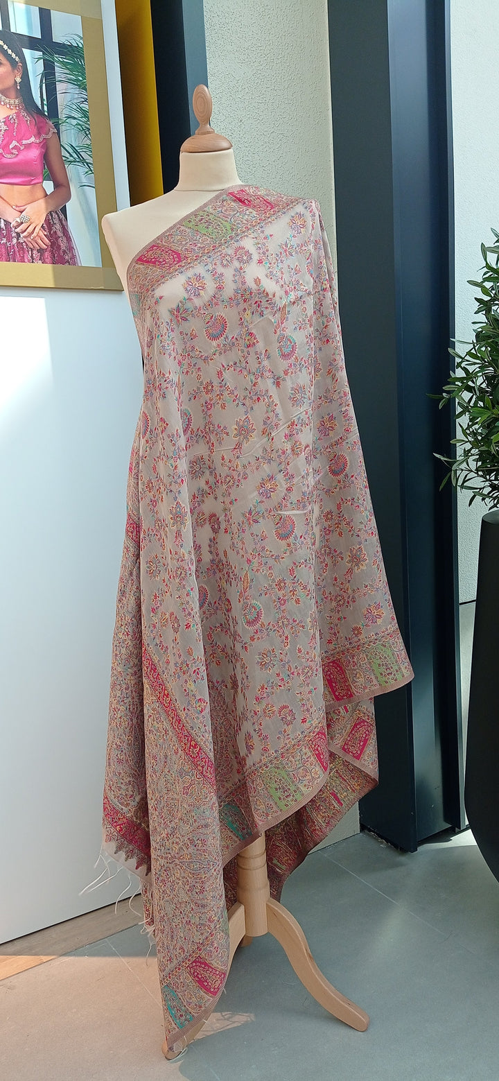 Archana Beige and Red Kattan Silk Floral Dupatta with a Wide Mughal Floral Sectioned Motif Border