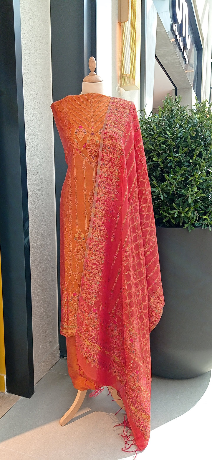 Gitasha Mango-Orange Pure Silk Suit Set (Unstitched)