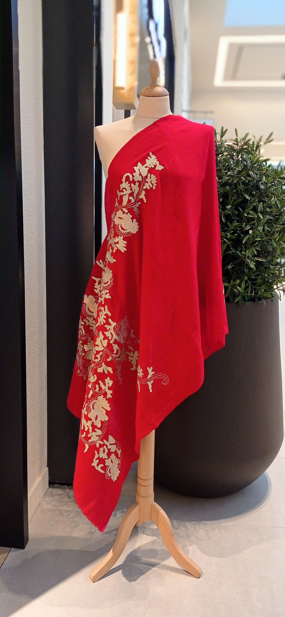 Kareena Red Cashmere Stole with Floral Baadla Embroidery
