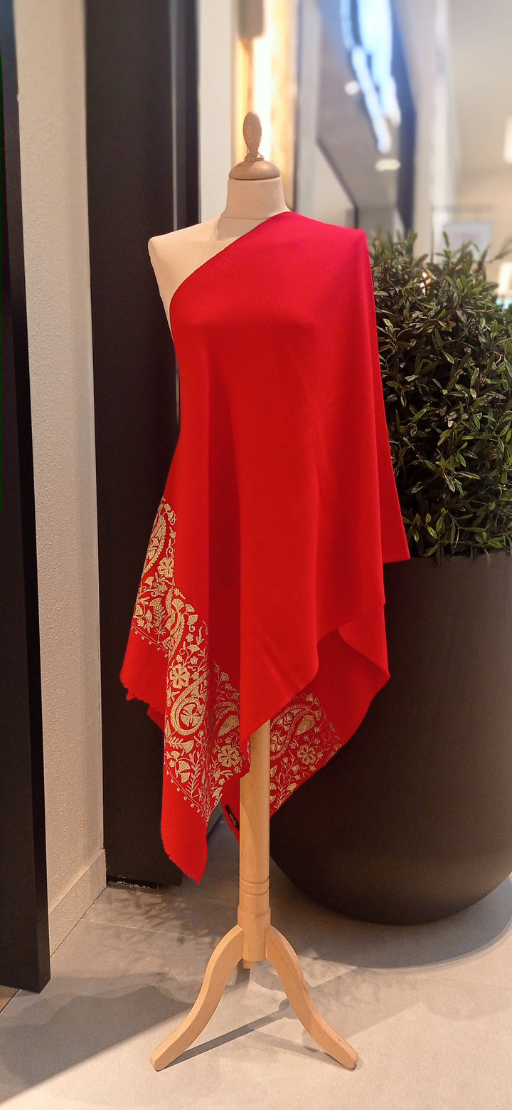 Amira Red Cashmere Scarf with Floral Baadla Work Embroidery