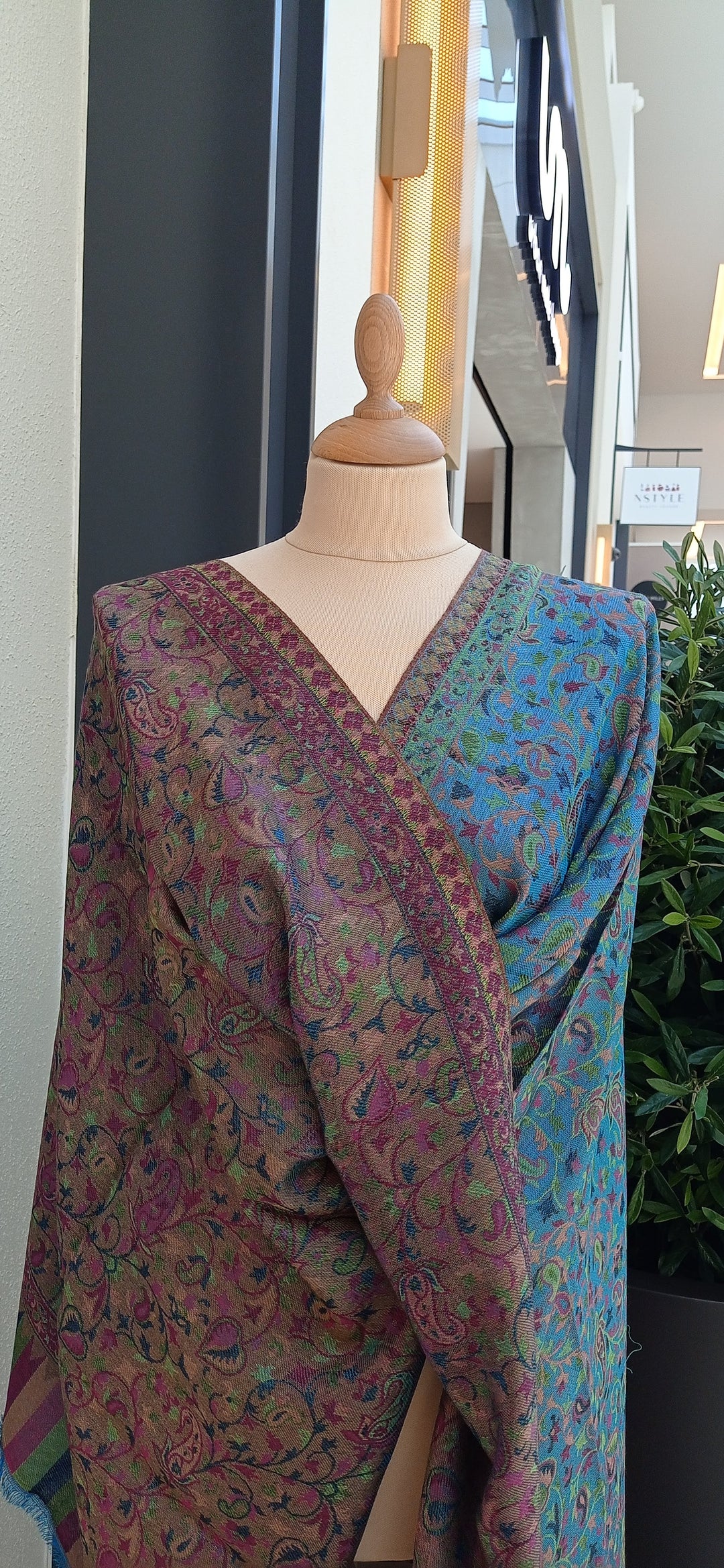 Janvi Turquoise and Maroon Kashmiri Kani Floral Design Cashmere Scarf