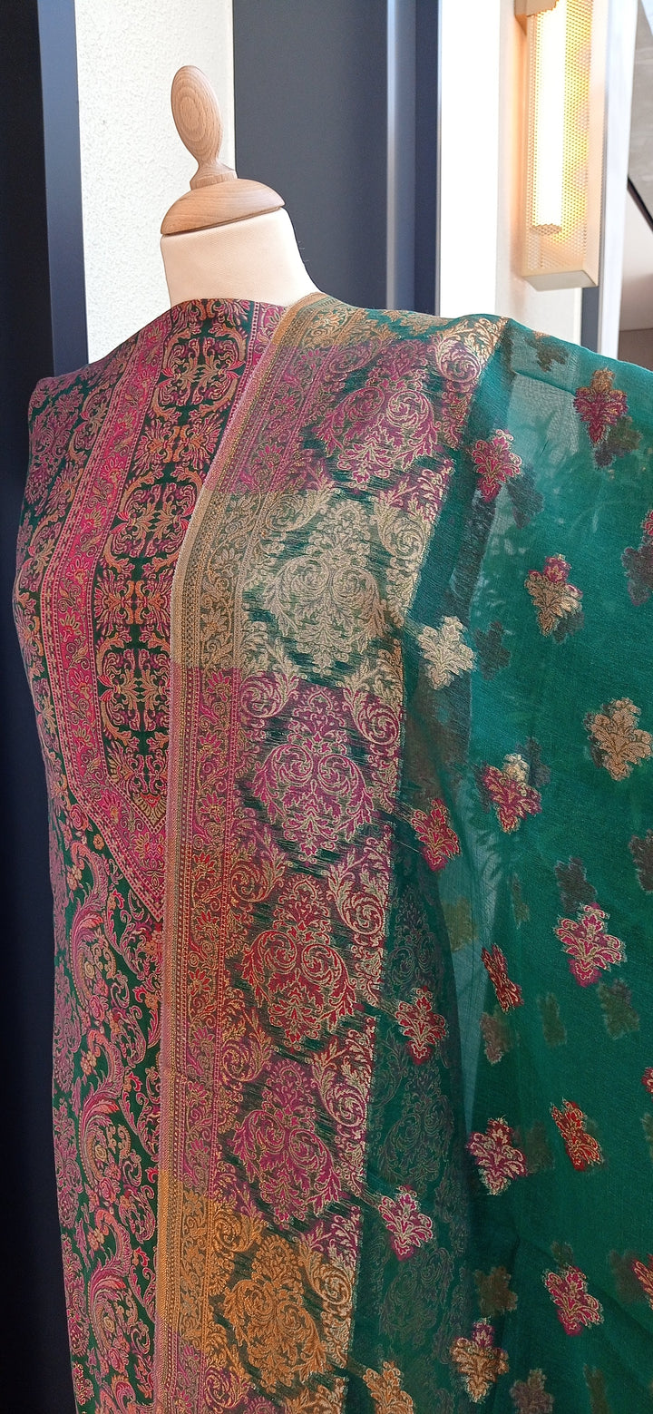 Gitasha Emerald Green Floral Cotton Silk Suit Set (Unstitched)