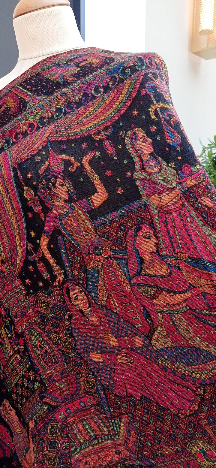 Bhoomi Black Cashmere Scarf with a Colorful Mughal Dancers Scene