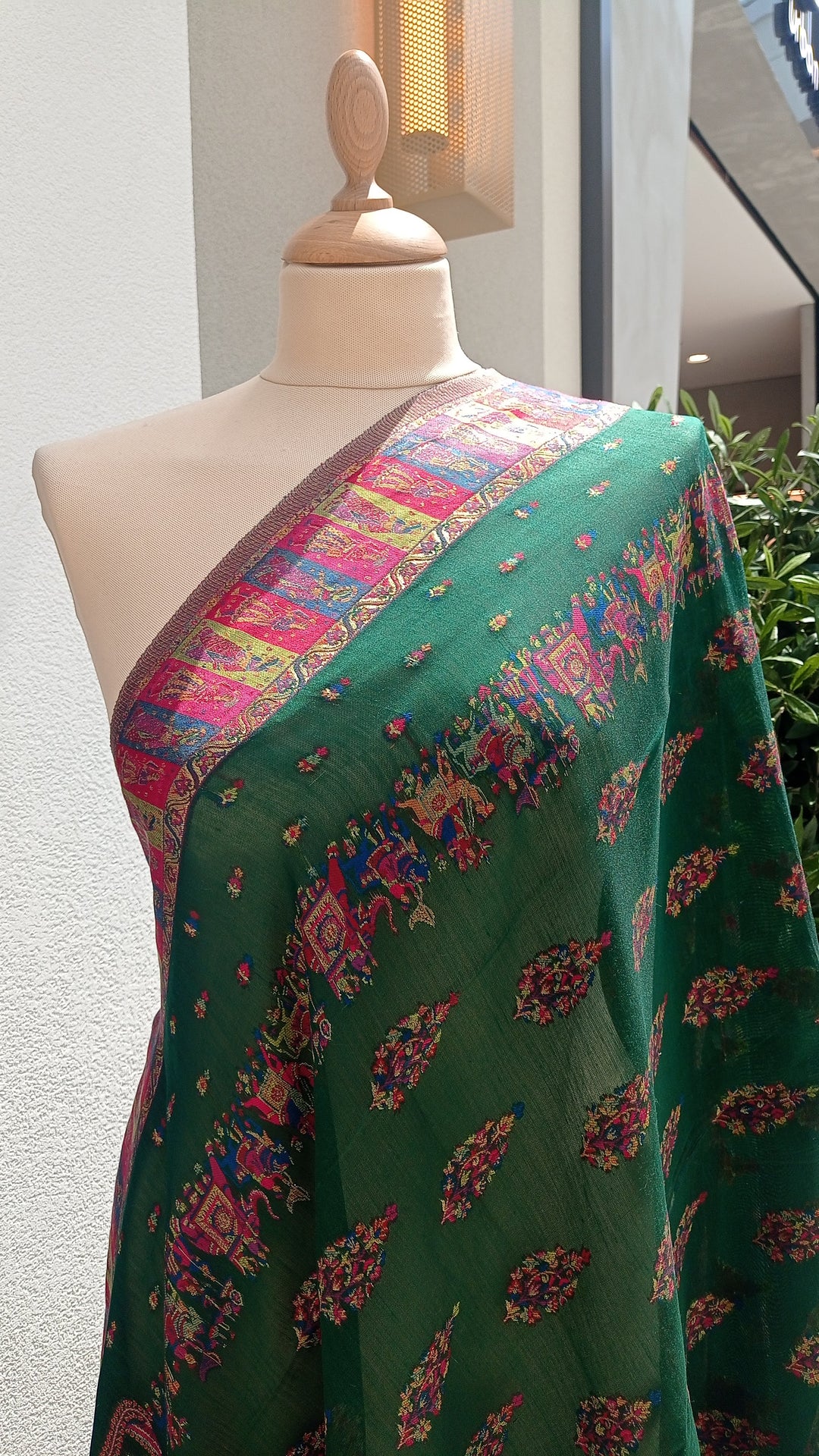 Archana Emerald and Red Kattan Silk Dupatta with Paisleys and a Mughal Procession Border