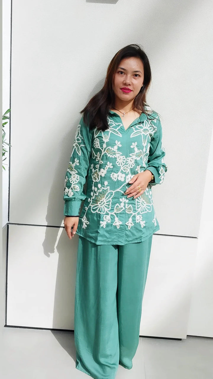 The "Navya" Mint Pure Russian silk Co-ord set  New )