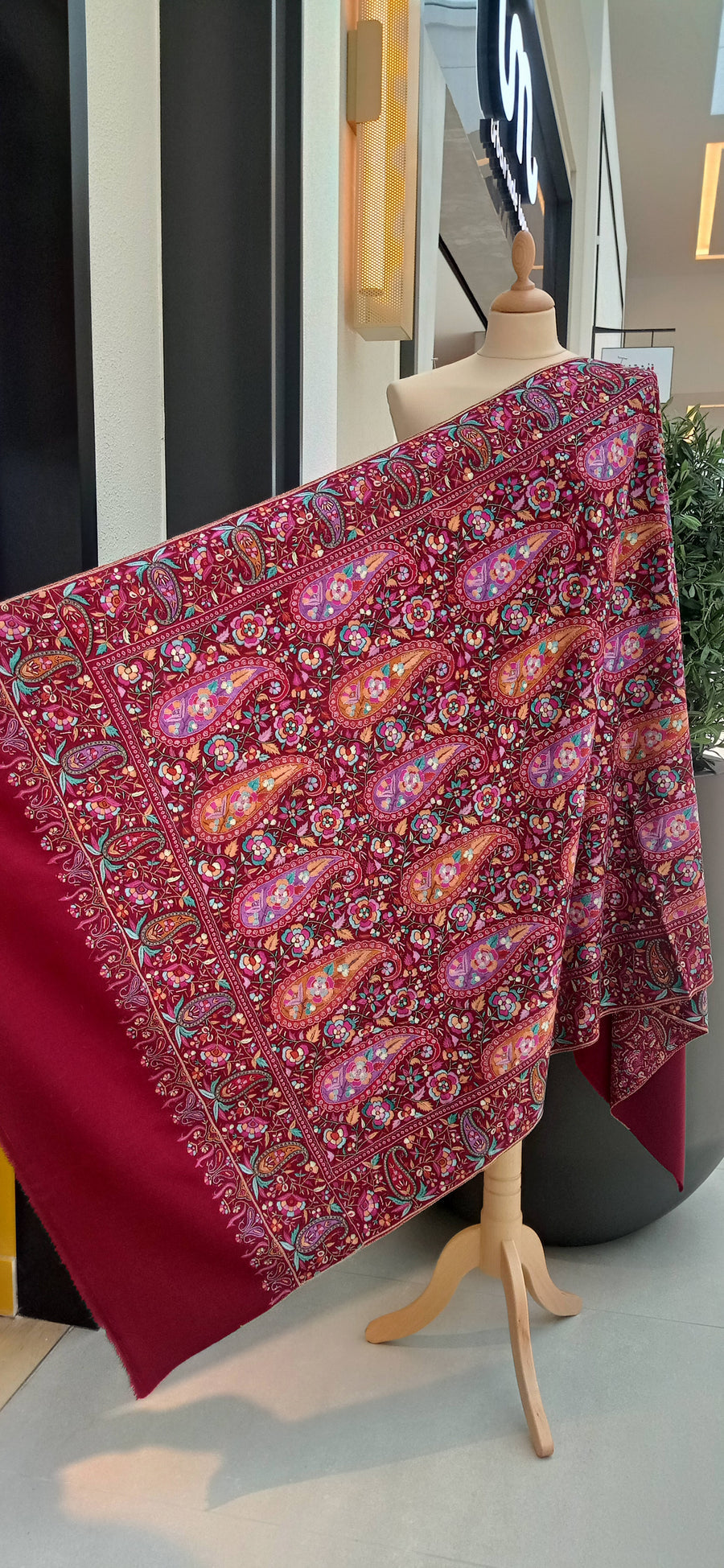 Elvira Berry Pink and Wine Pashmina Shawl with Papier-Mache Embroidery