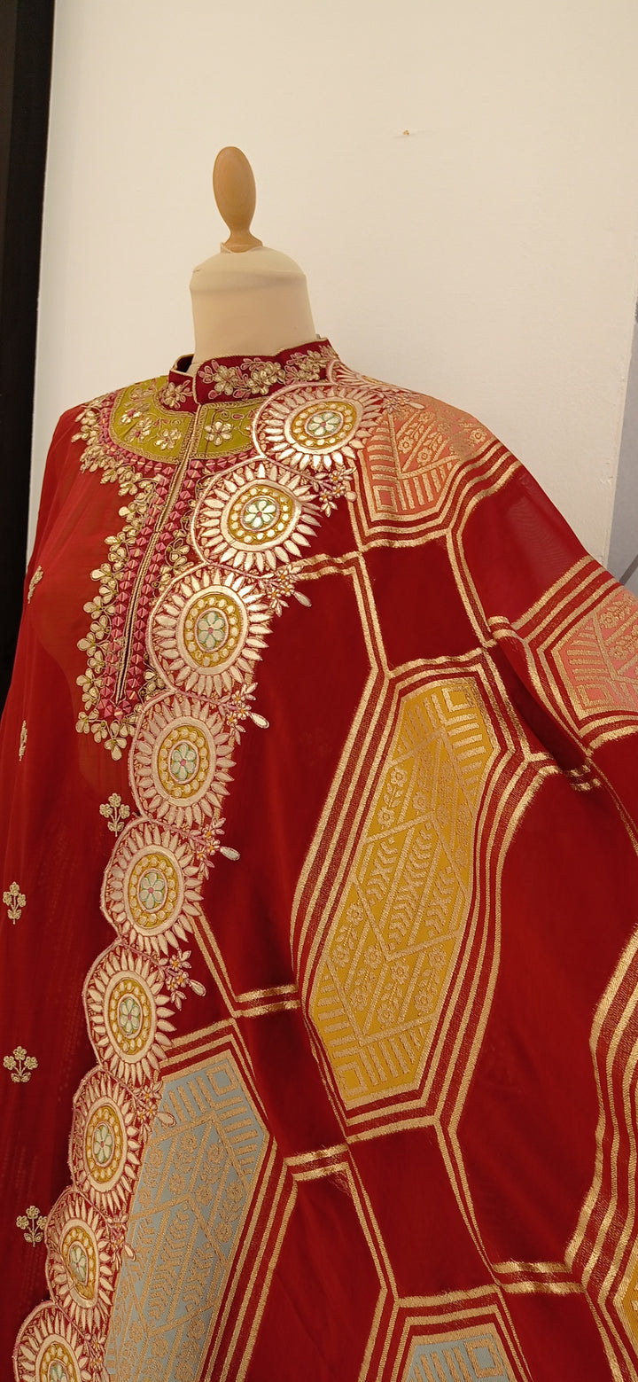 Navya Maroon High-Neck Gota Patti Sharara Suit Set (Semi-Stitched)