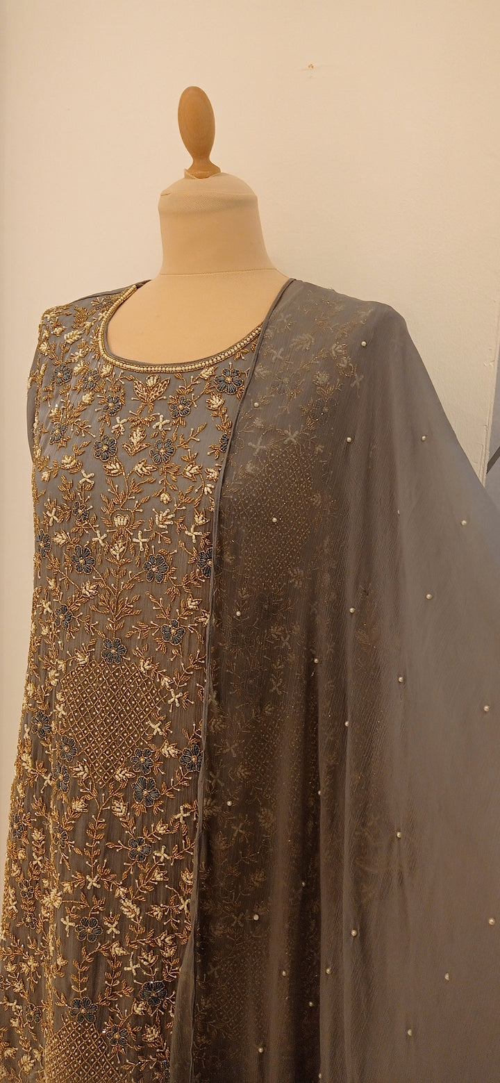 Navya Periwinkle Grey Suit with Beaded Kurta, Pant and Dupatta (Ready to Wear)