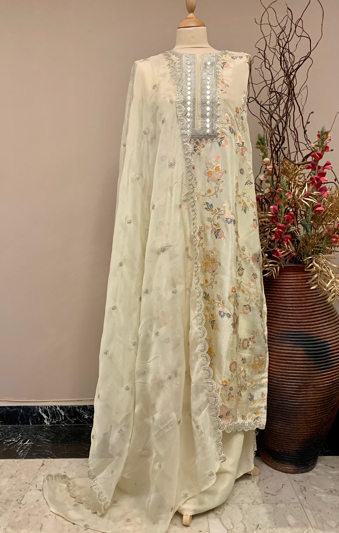 Shobha Cream Colored Silk Brocade Suit Set (Semi Stitched)