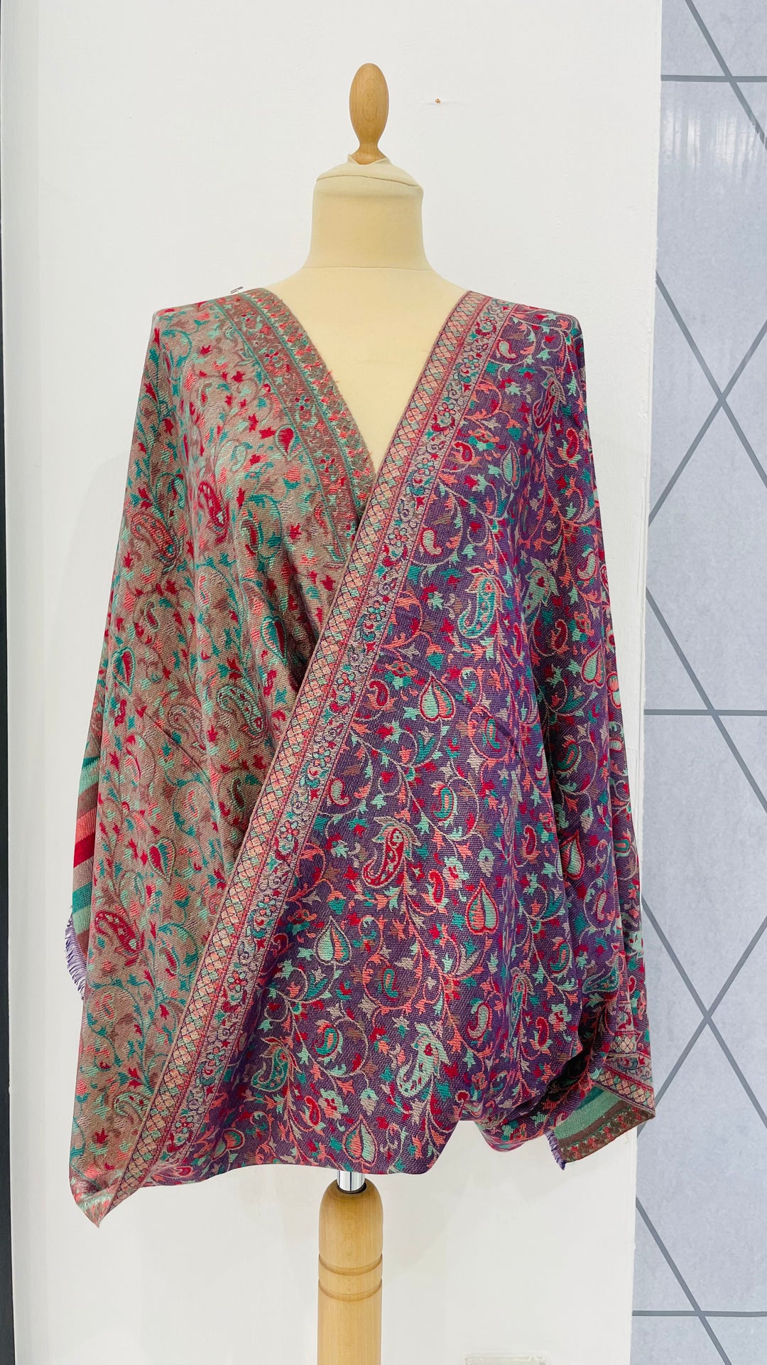 Janvi Purple and Sage Green Kashmiri Kani Floral Design Cashmere Scarf