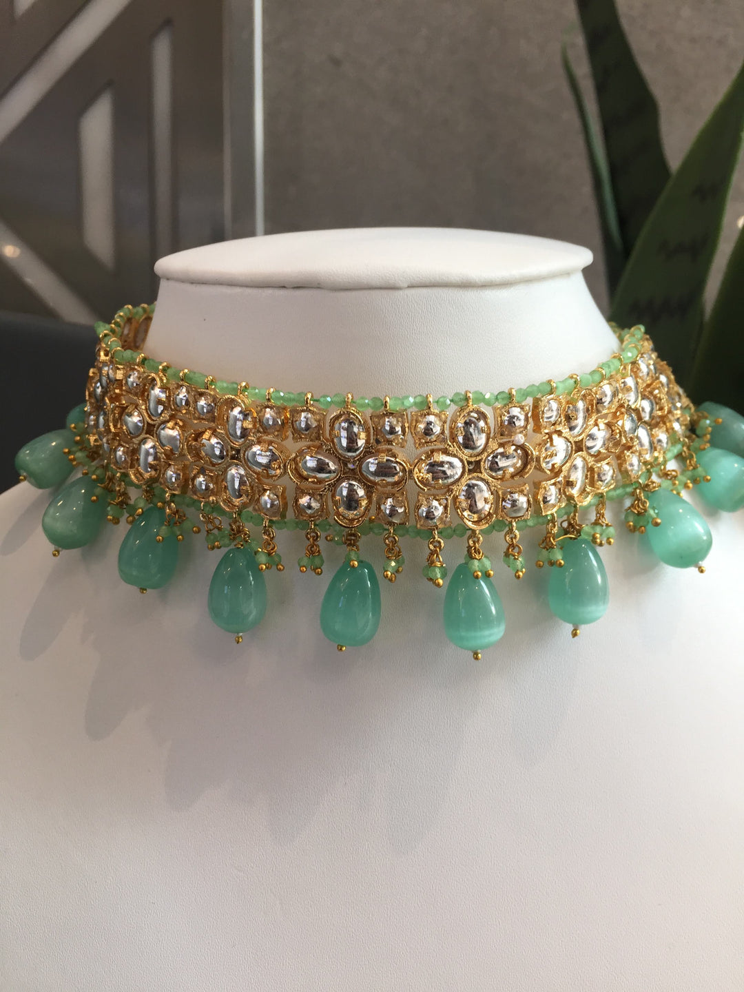 Kirin Turquoise Beaded Kundan Imitation Polki Diamond Choker Necklace and Earrings Set