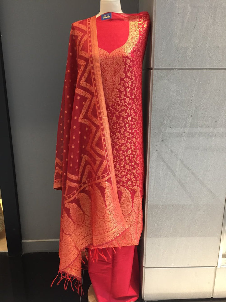 Gitasha Red and Gold Cotton Silk Suit Set (Unstitched)