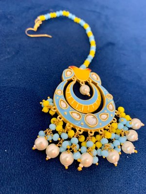 Lavina Blue and Yellow Enamel Earrings and Maang-Tikka Set