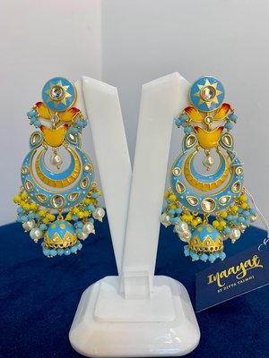 Lavina Blue and Yellow Enamel Earrings and Maang-Tikka Set