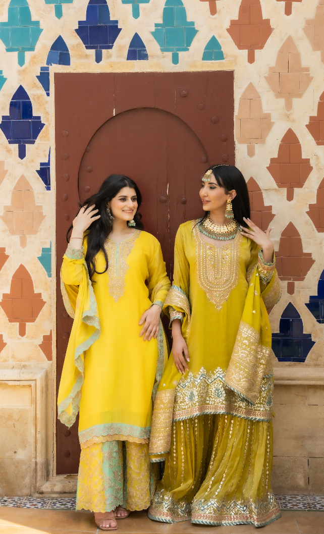 Navya Lime Yellow and  Mint Green Gota Sharara Ghararas set (Ready to Wear)