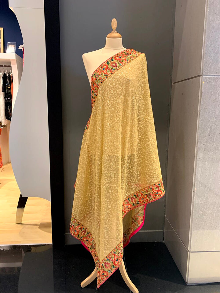 Geet Yellow Georgette Dupatta with an Antique-Style Kashmiri Embroidered Dupatta