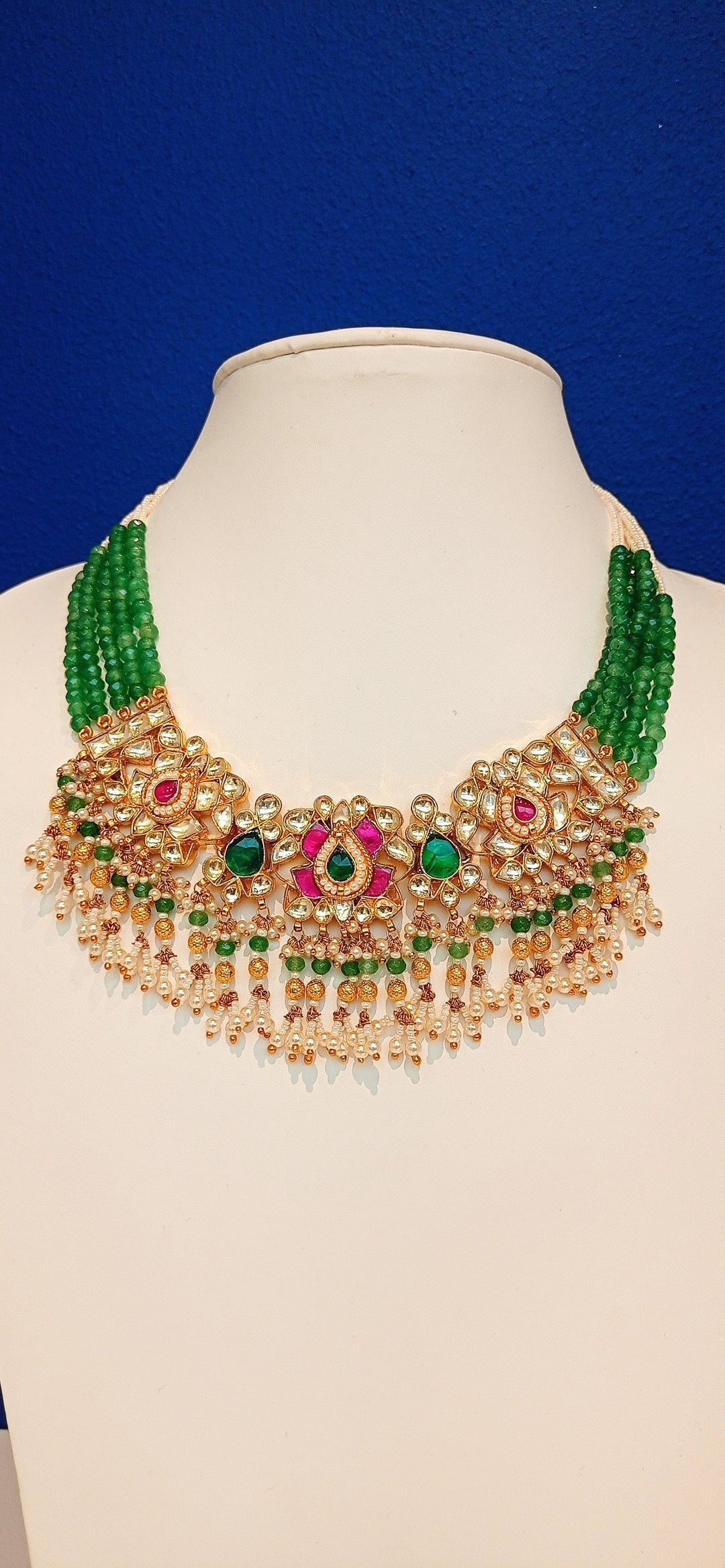 Ashmita Delicate Forest Green and Floral Ruby Kundan and Beads Necklace and Earrings Set
