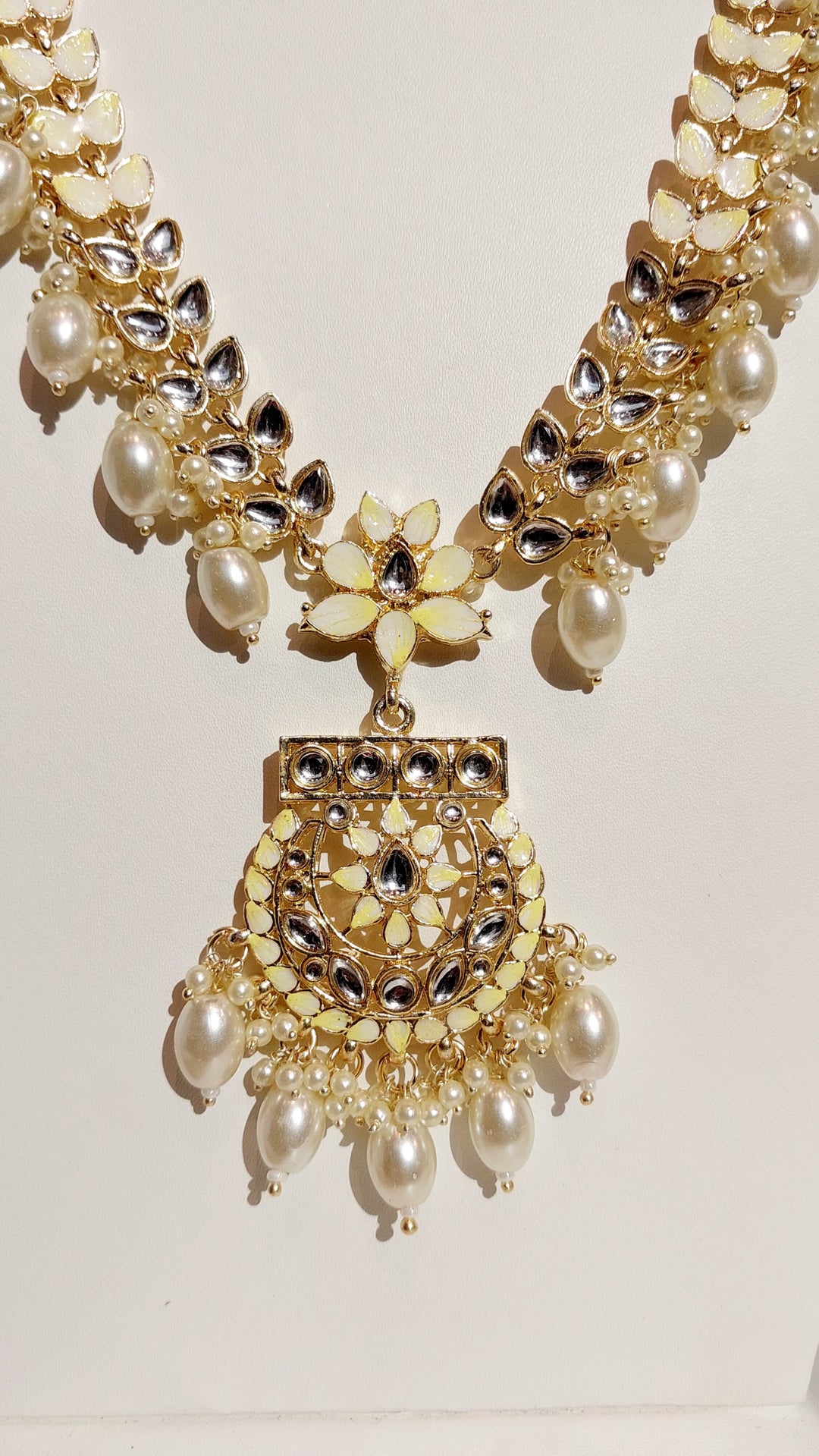 Serena Pastel Yellow Meenakari Enamel, Polki Diamonds and Pearl Necklace, Earrings and Mang Teeka Set