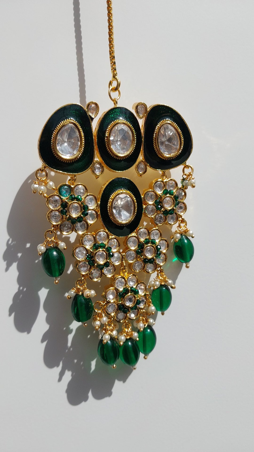 Freyana Art Deco Large Emerald, Polki Round Diamonds and Gold Kundan Mang Teeka
