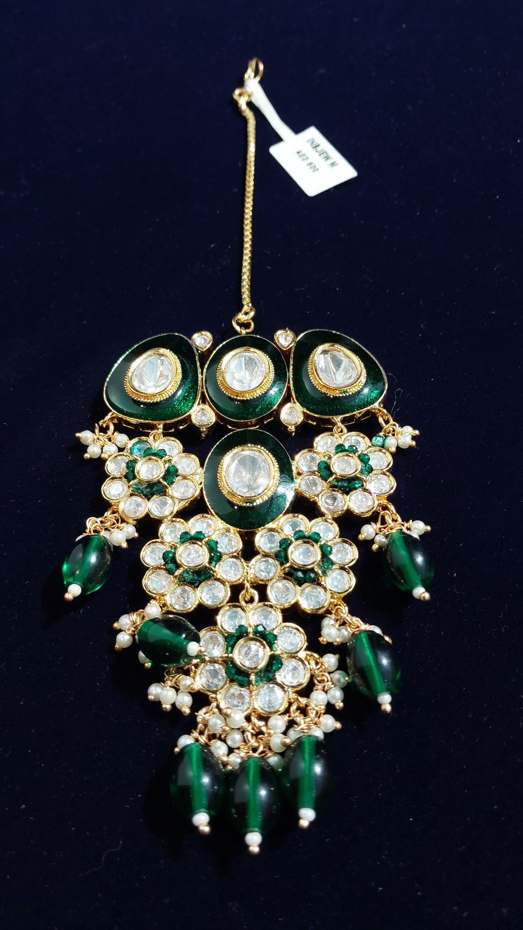 Freyana Art Deco Large Emerald, Polki Round Diamonds and Gold Kundan Mang Teeka