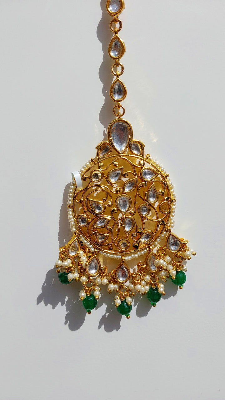 Naveena Gold, Green Beads and Polki Lattice Kundan Maang Tikka