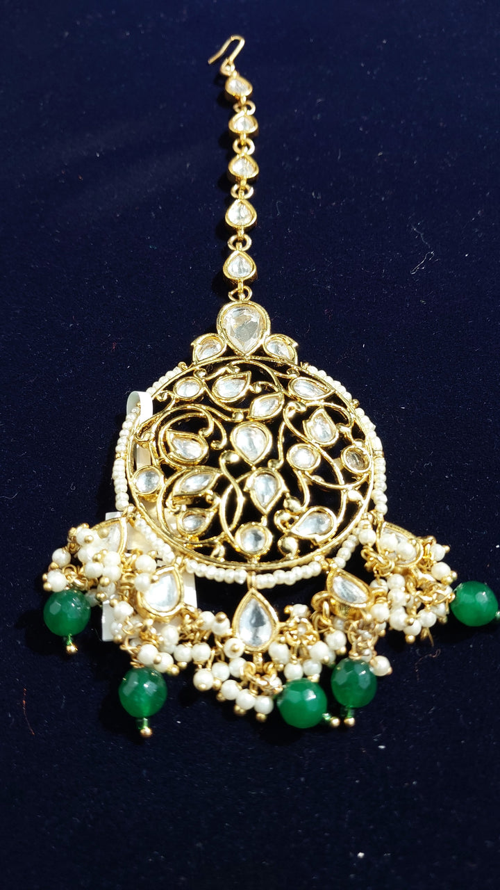 Naveena Gold, Green Beads and Polki Lattice Kundan Maang Tikka