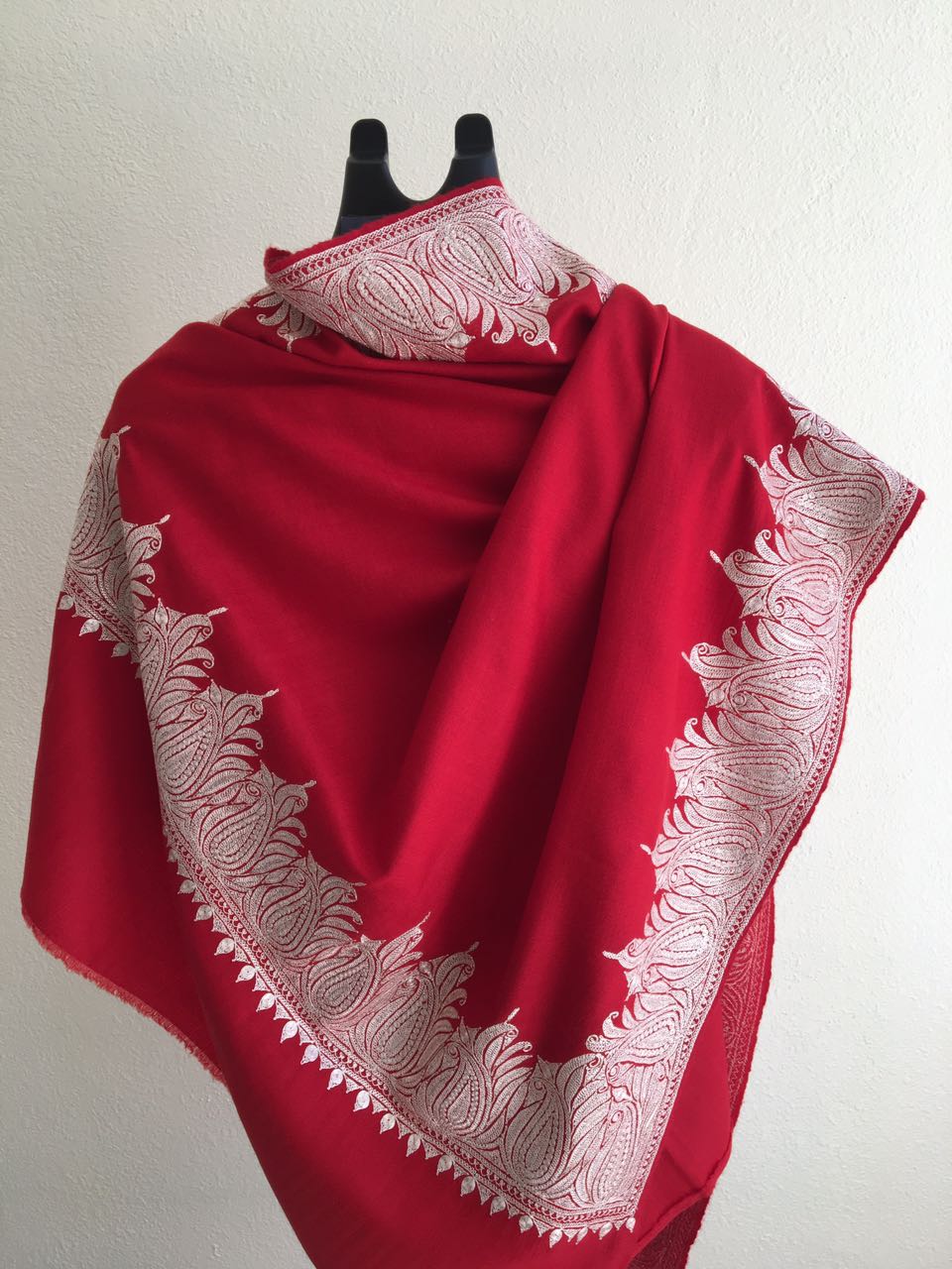 Aatish Red Pashmina Shawl With Tilla Metal Embroidery Borders