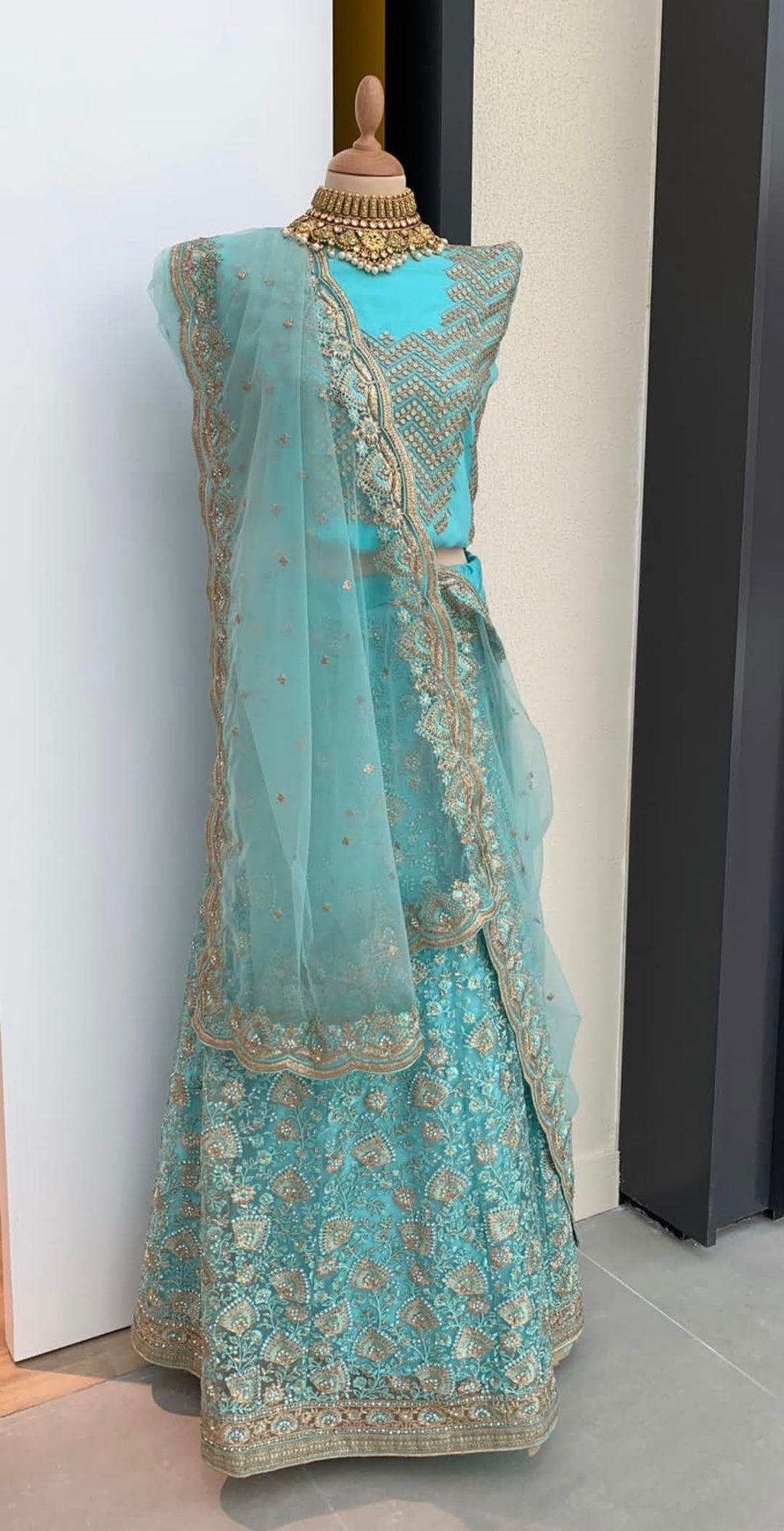 Jasmine Turquoise and Gold Lehenga with Embroidered Gingko Leaves (Ready-to-Wear)