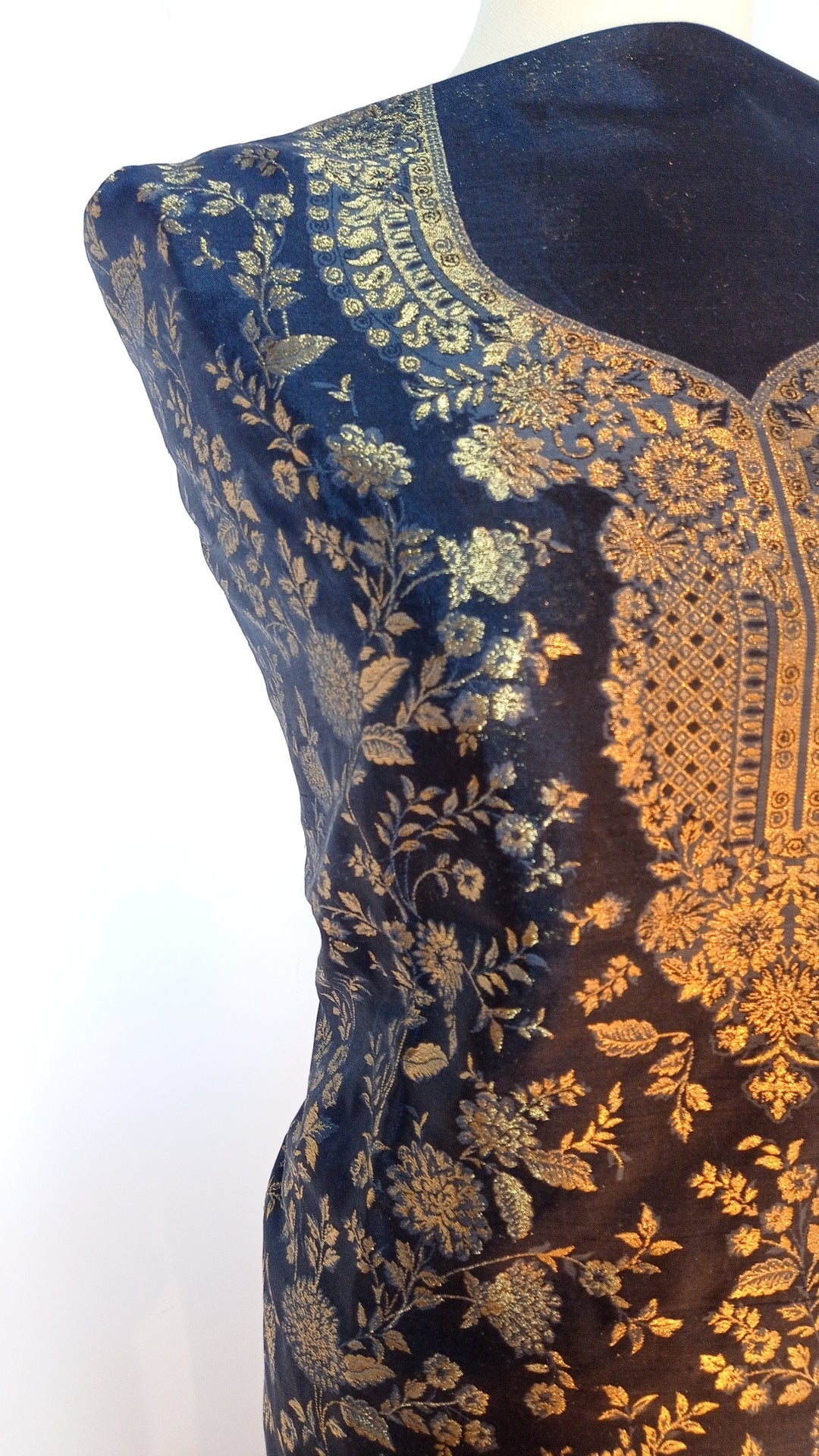 Gitasha Black and Gold Floral Zari Pure Silk Suit Set with a Chevron Dupatta (Unstitched)