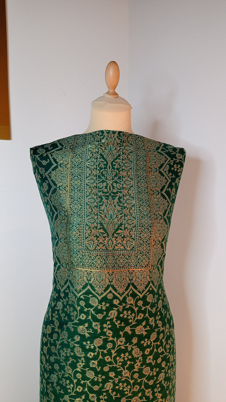 Gitasha Emerald Green and Gold Zari Cotton Silk Suit Set (Unstitched)