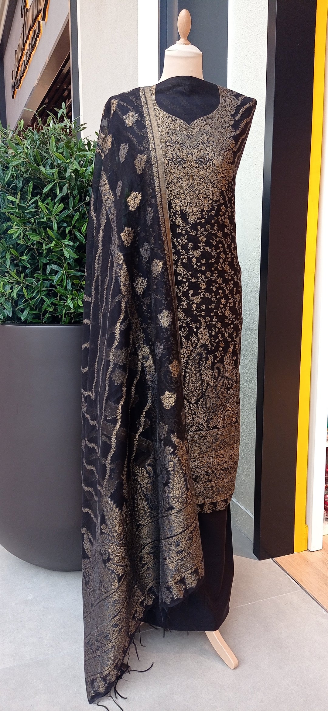 Gitasha Magical Black & Gold Cotton Silk Suit Set (Unstitched)