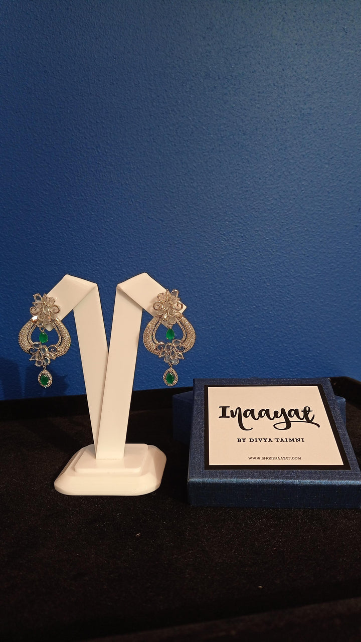 Freida Green and White-Silver Crystal Party Earrings