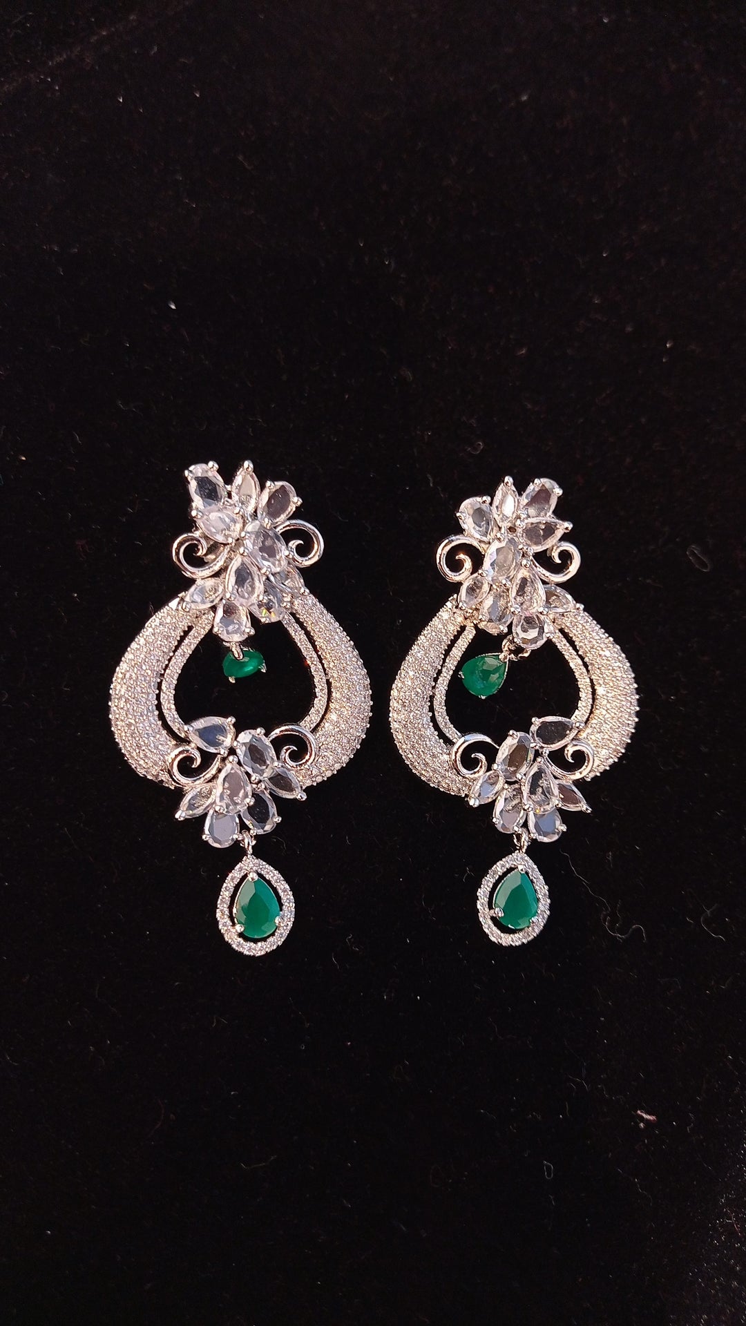 Freida Green and White-Silver Crystal Party Earrings