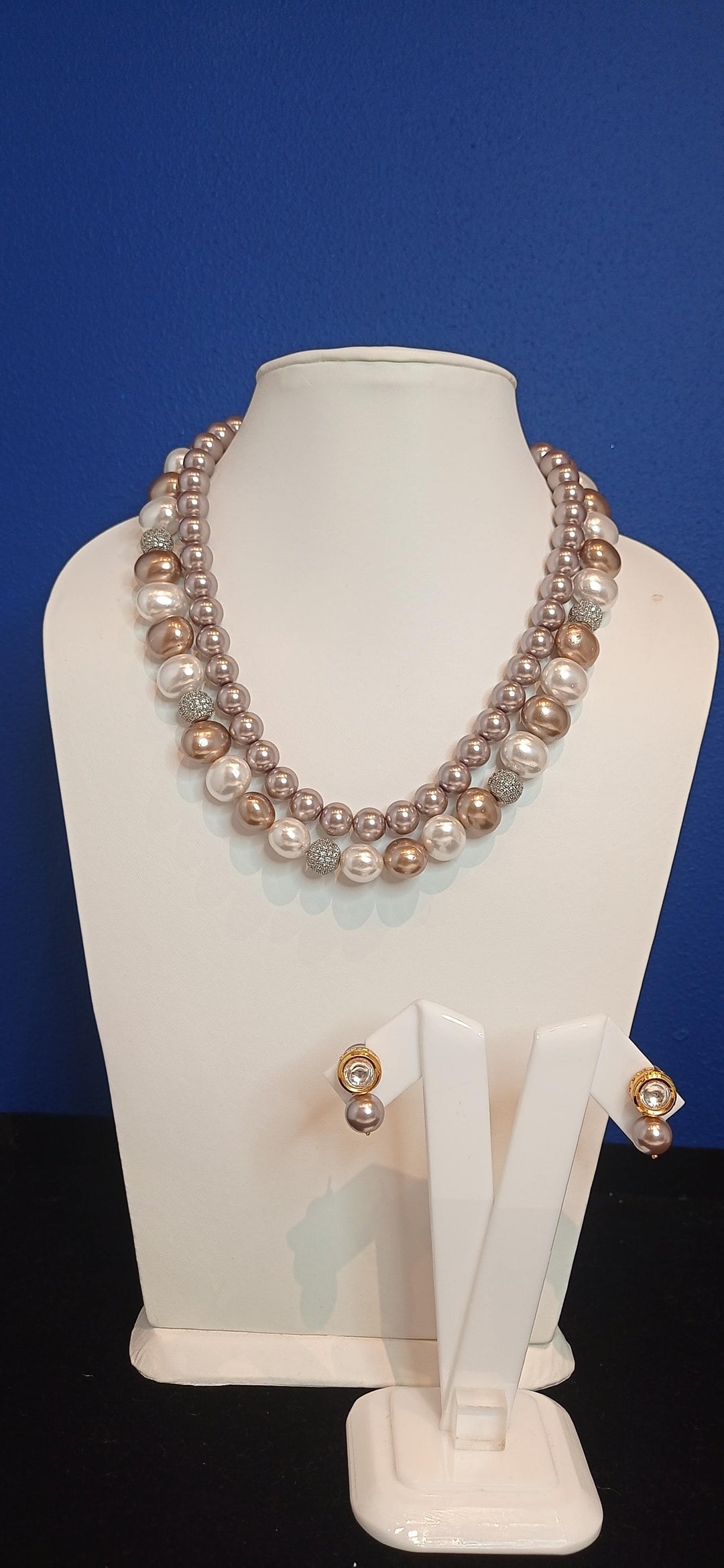Anoushka White, Rose Gold and Silver Double-Strand Pearl Necklace and Earrings Set