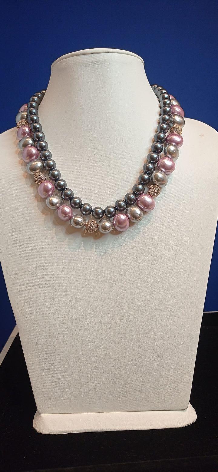 Anoushka Gray, Pink, and Rose Gold Pearl Double-Strand Necklace and Earrings Set