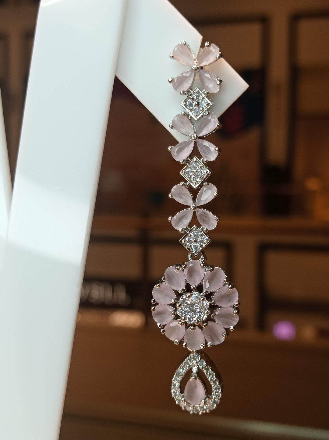 Diana Pink Crystal Flower Long Earrings