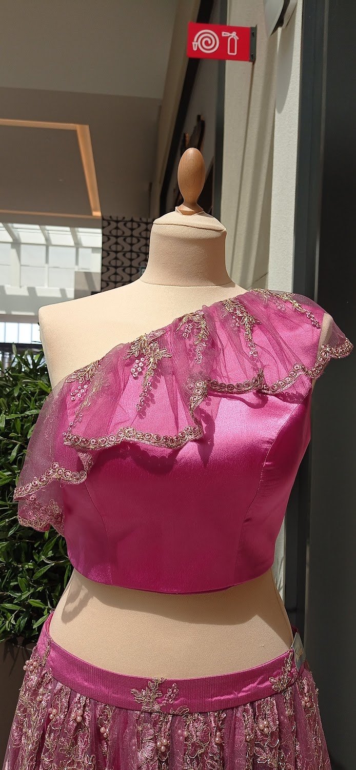 Marianna Pink Lace Lehenga with a One-Shoulder Ruffle Blouse (Ready to Wear)