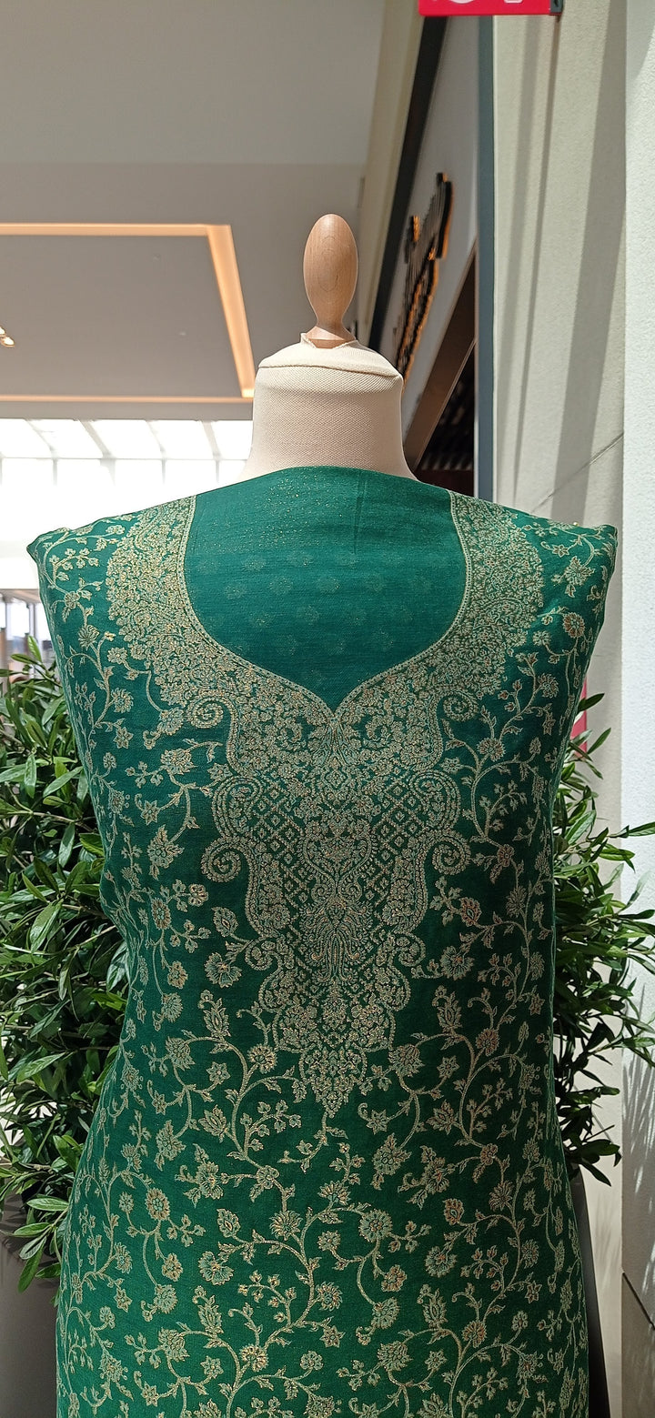 Gitasha Emerald Green and Gold Cotton Silk Suit Set with Paisleys (Unstitched)