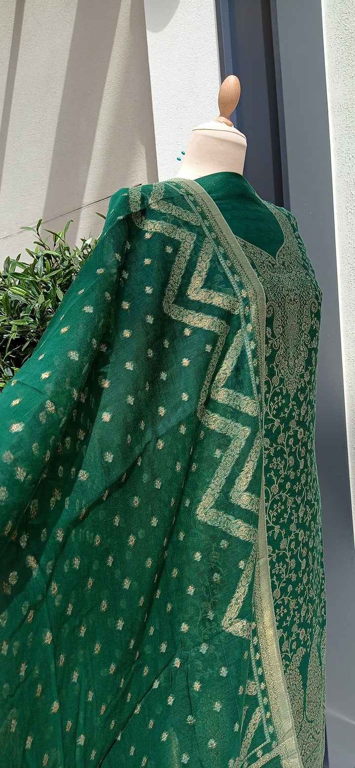 Gitasha Emerald Green and Gold Cotton Silk Suit Set with Paisleys (Unstitched)