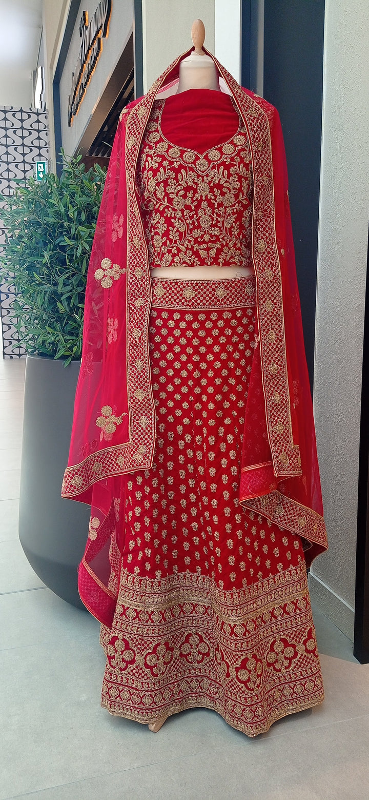 Shagun Red and Gold Velvet and Net Lehenga (Unstitched)