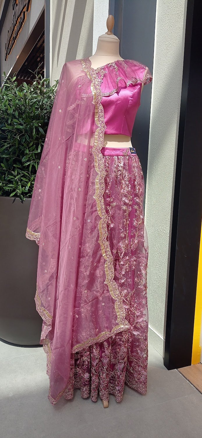 Marianna Pink Lace Lehenga with a One-Shoulder Ruffle Blouse (Ready to Wear)