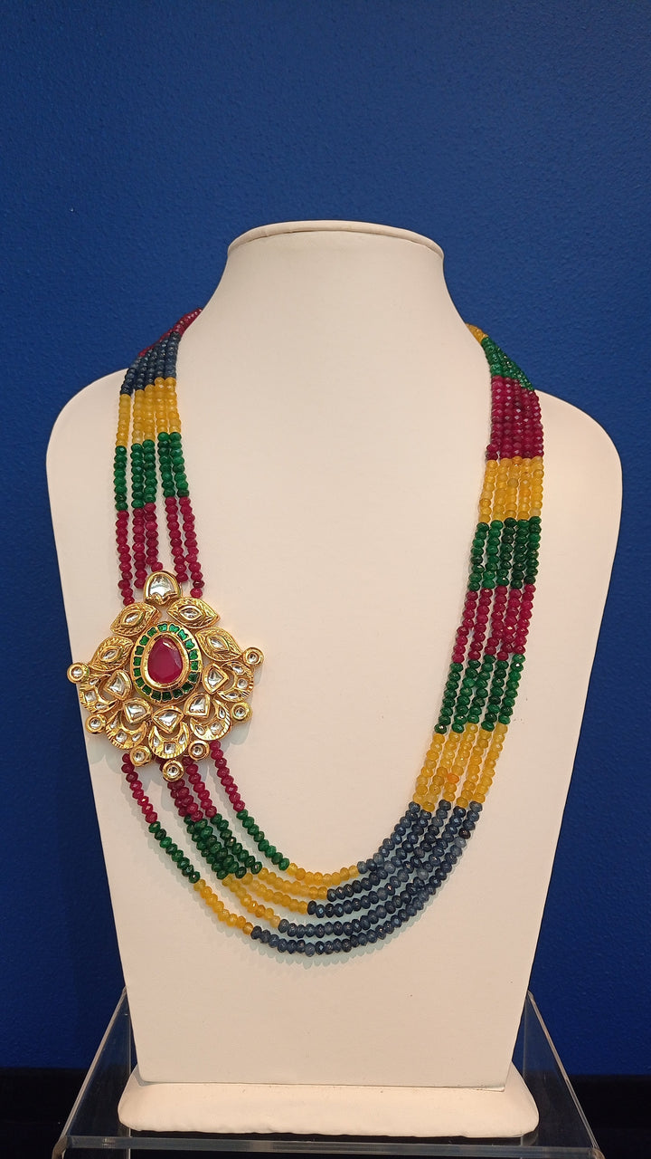Rania Color-Block Beaded Kundan Side-Pendant Necklace and Earrings Set