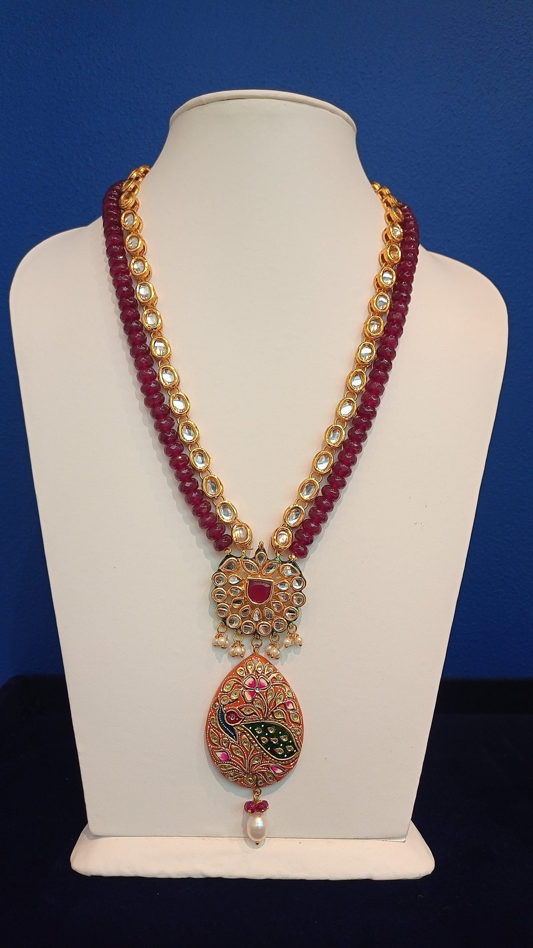 Elanora Maroon and Peach Enamel Pendant Necklace and Earrings Set with Beads