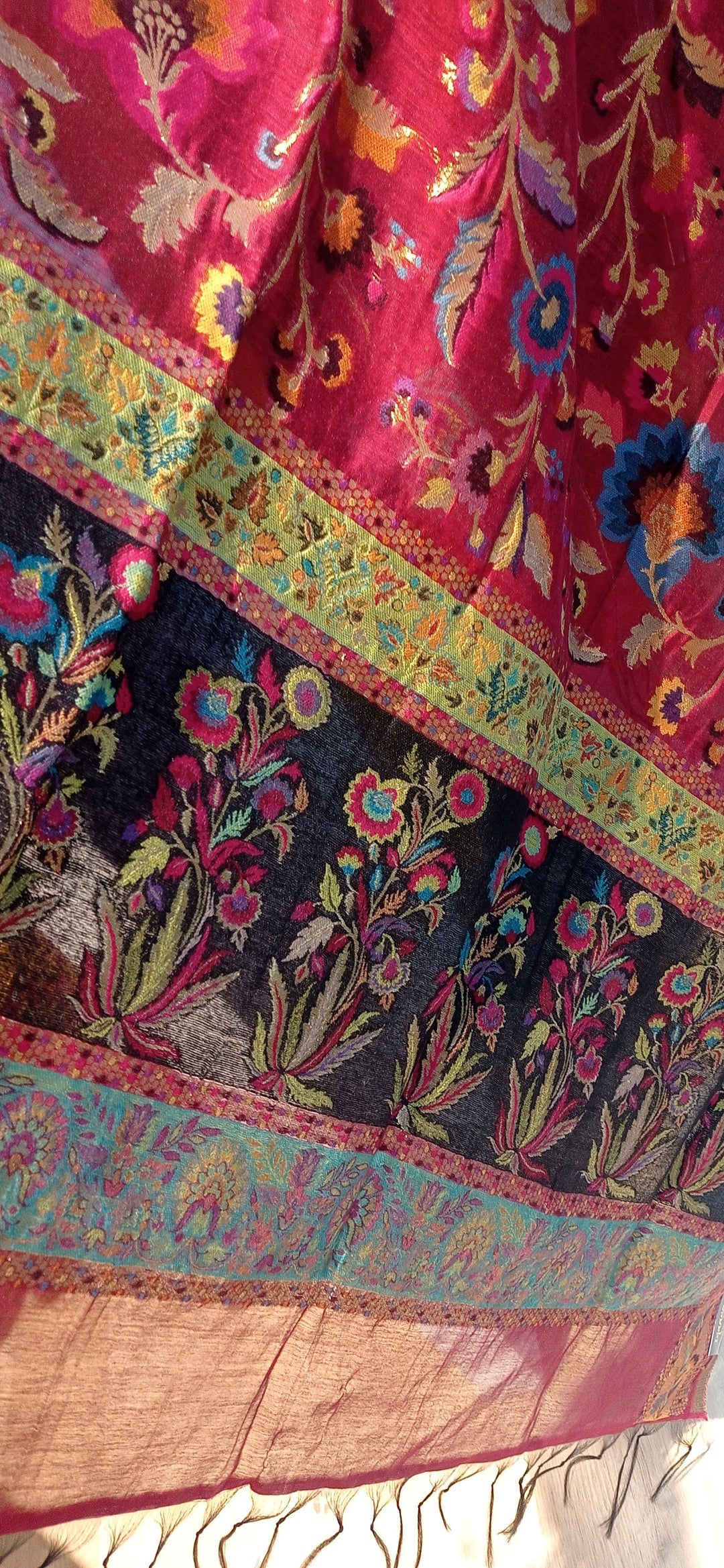 Archana Maroon Black Kattan Silk Floral Dupatta with a Wide Mughal Floral Border