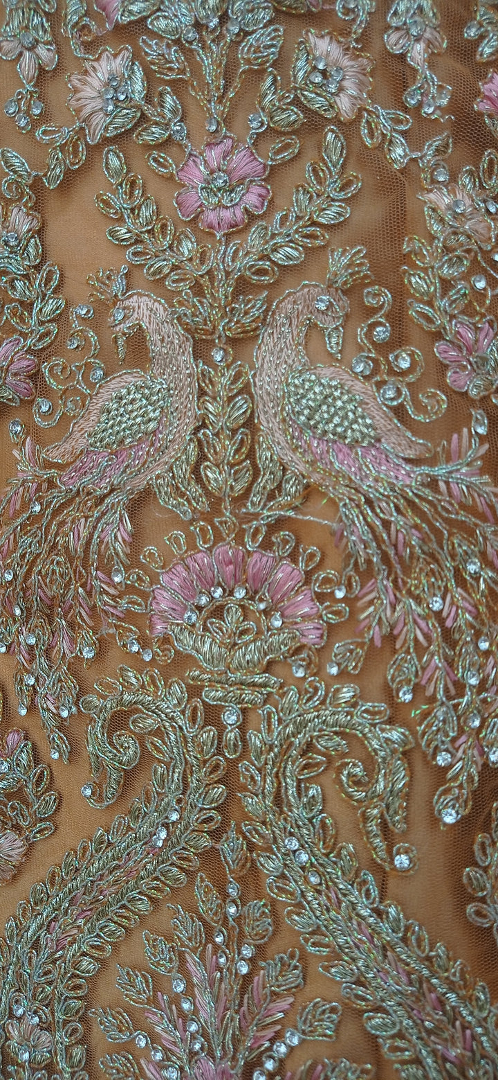 Shagun Metallic Nude Satin Lehenga with Pink and Silver Peacocks (Unstitched)